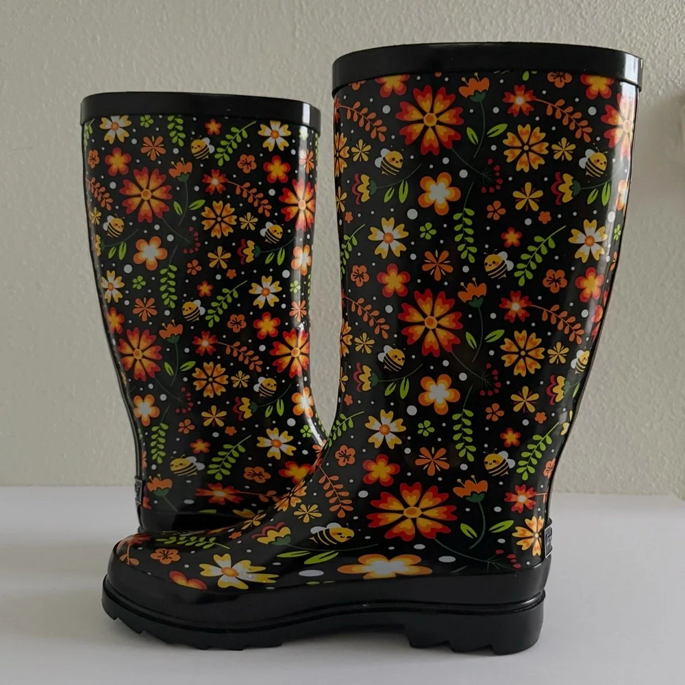Landchief Women's Garden Blossom Rain Boots Tall Waterproof Anti-Slip Size 7 NEW